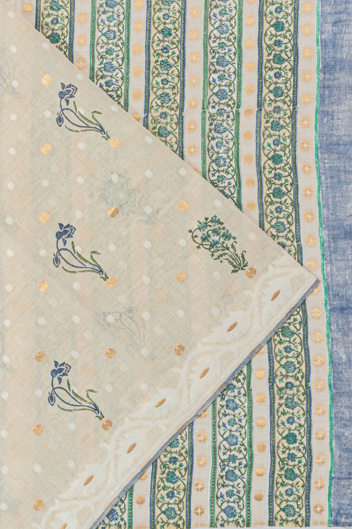 Cream Chanderi Cotton Sari — Block Printed Florals & Gold Zari