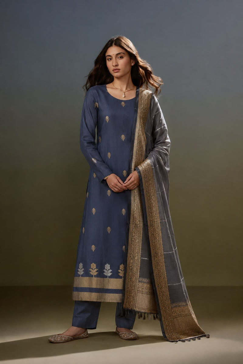Black Silk Kurta Fabric with Gold-Toned Floral Buttis and Ombré Zari Dupatta