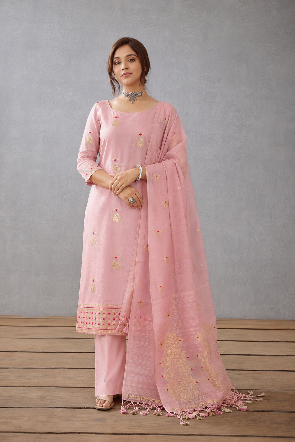 Blush Banarasi Kora Organza Suit Set — Meenakari Leaf Booti Kurta & Dupatta | 2-Piece