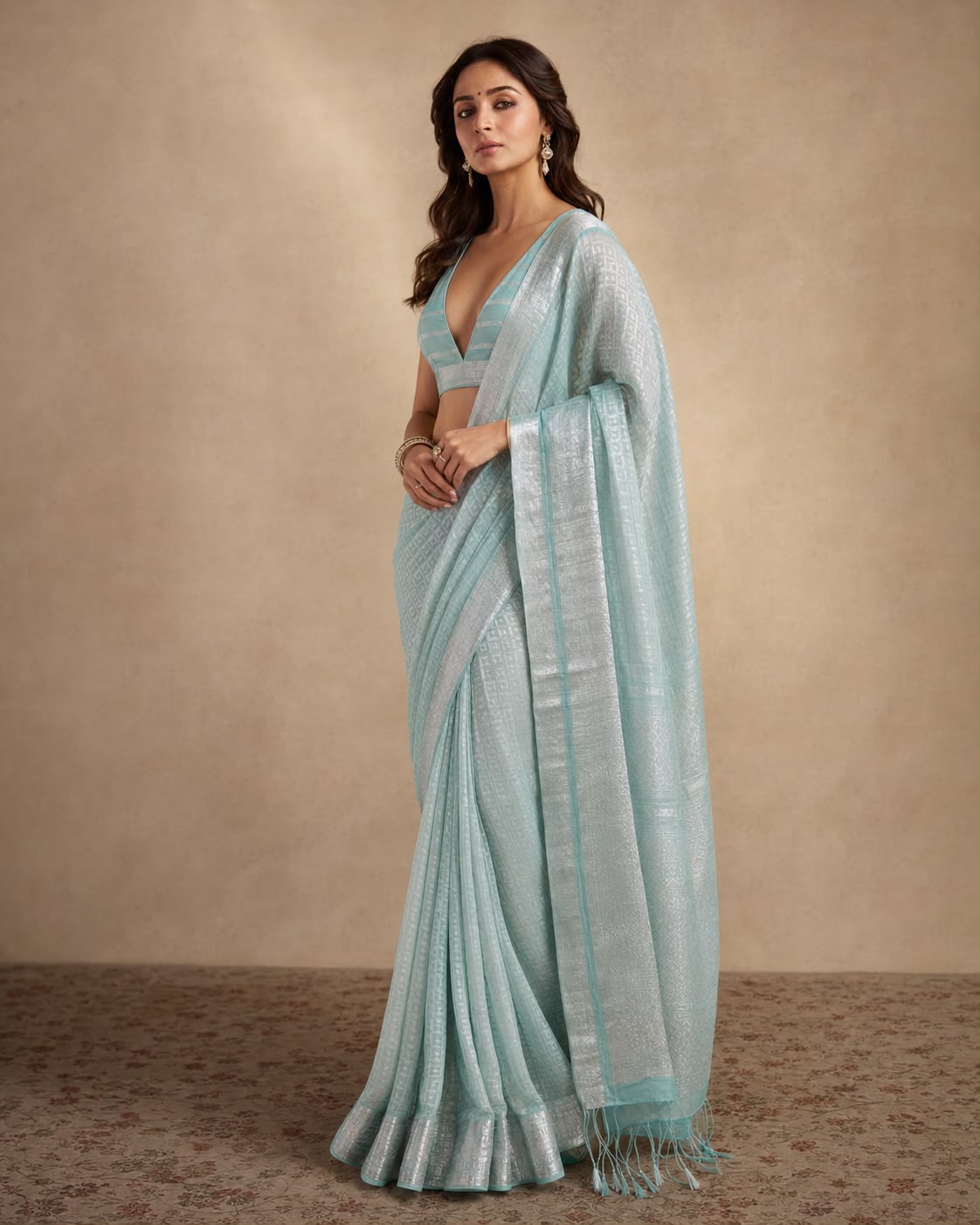 Aqua Silver-Toned Zari Organza Sari with Fan-Pleated Pallu