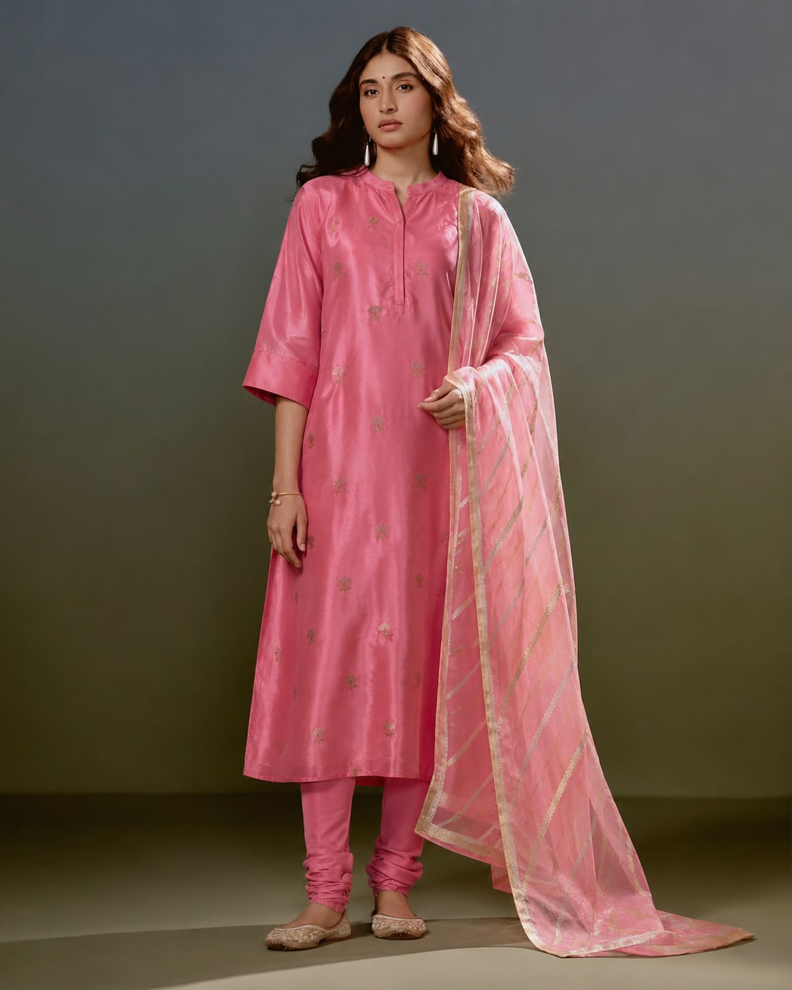 Pink Silk Kurta Fabric with Gold-Toned Floral Buttis and Ombre Checked Dupatta