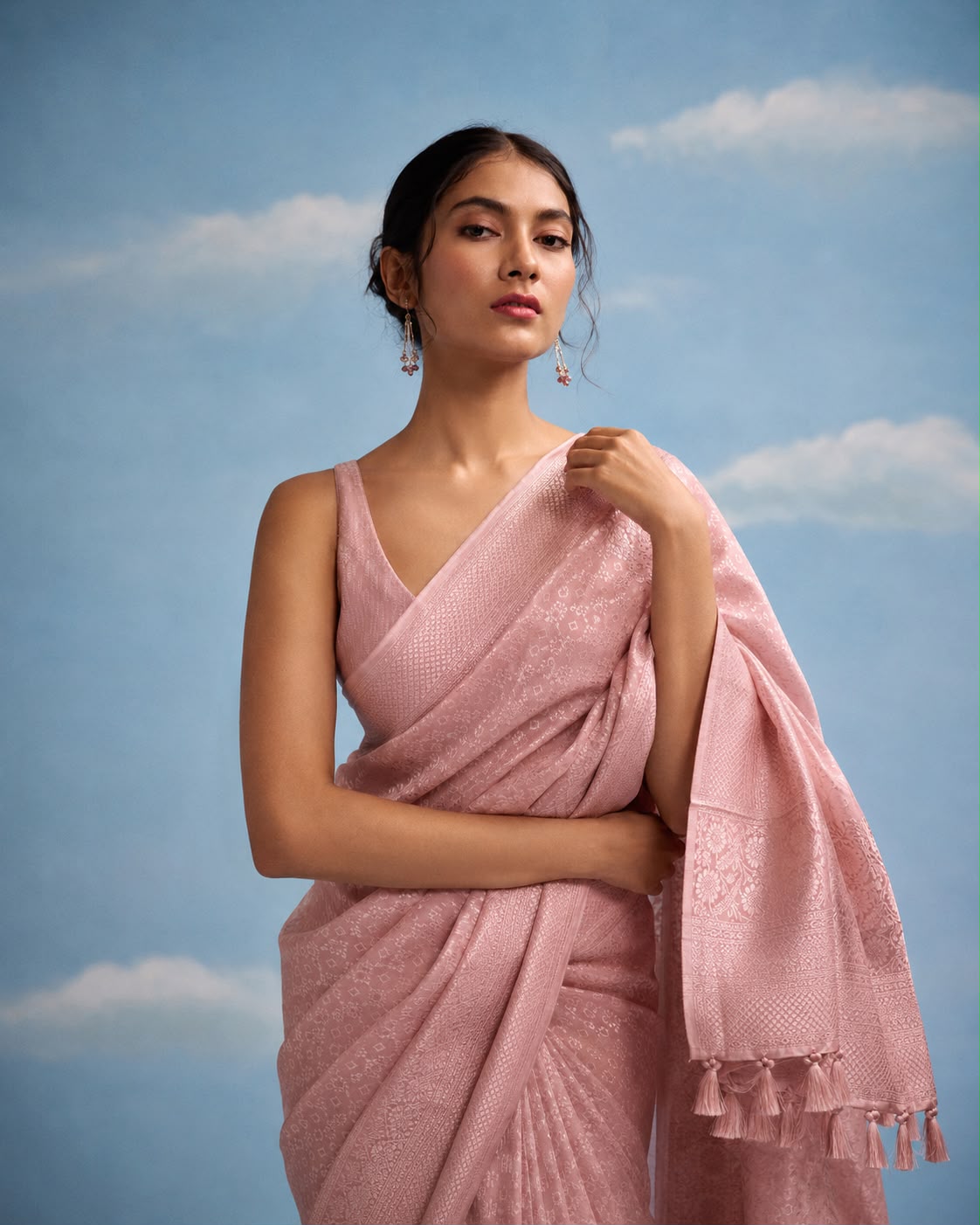 Dusty Rose Banarasi Katan Silk Sari with Silver-Toned Zari Jaal