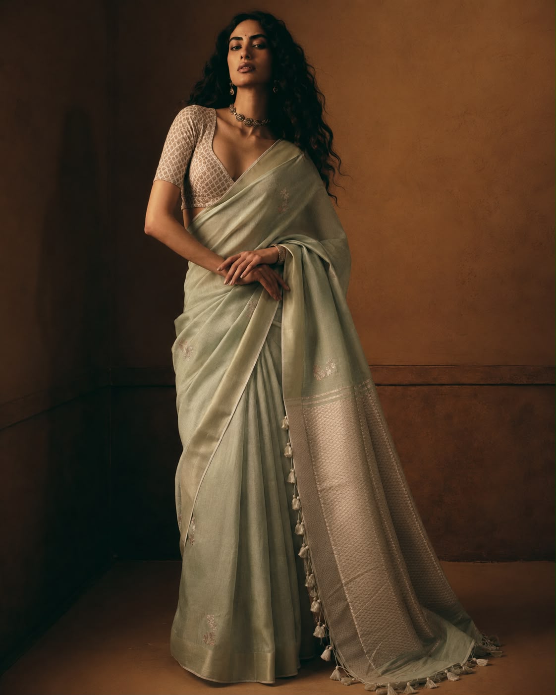 Sage Green Tissue Silk Sari with Scattered Floral Buttis and Contrast Woven Pallu