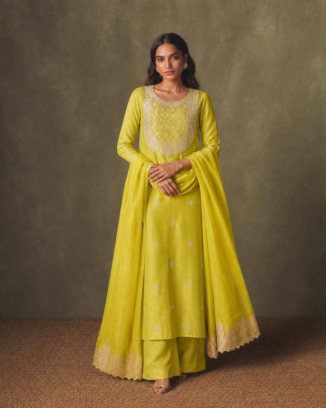 Lime Green Kurta Fabric with Gold-Toned Woven Yoke and Floral-Border Dupatta
