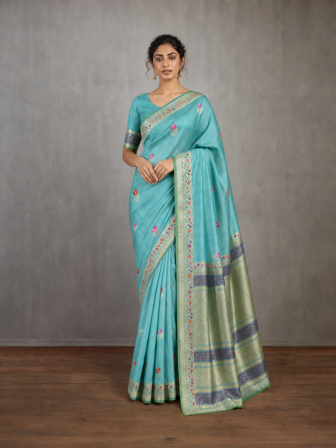 Sky Blue Pure Tussar Silk Banarasi Handloom Sari — Meenakari Kadwa Butis