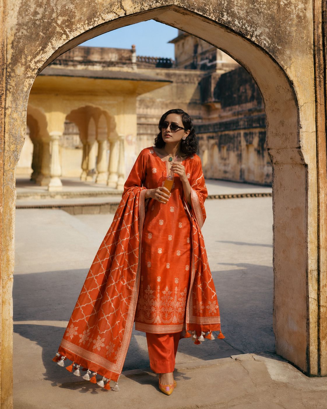 Rust Banarasi Silk Suit Set — Scattered Booti Kurta & Jali Dupatta | 2-Piece