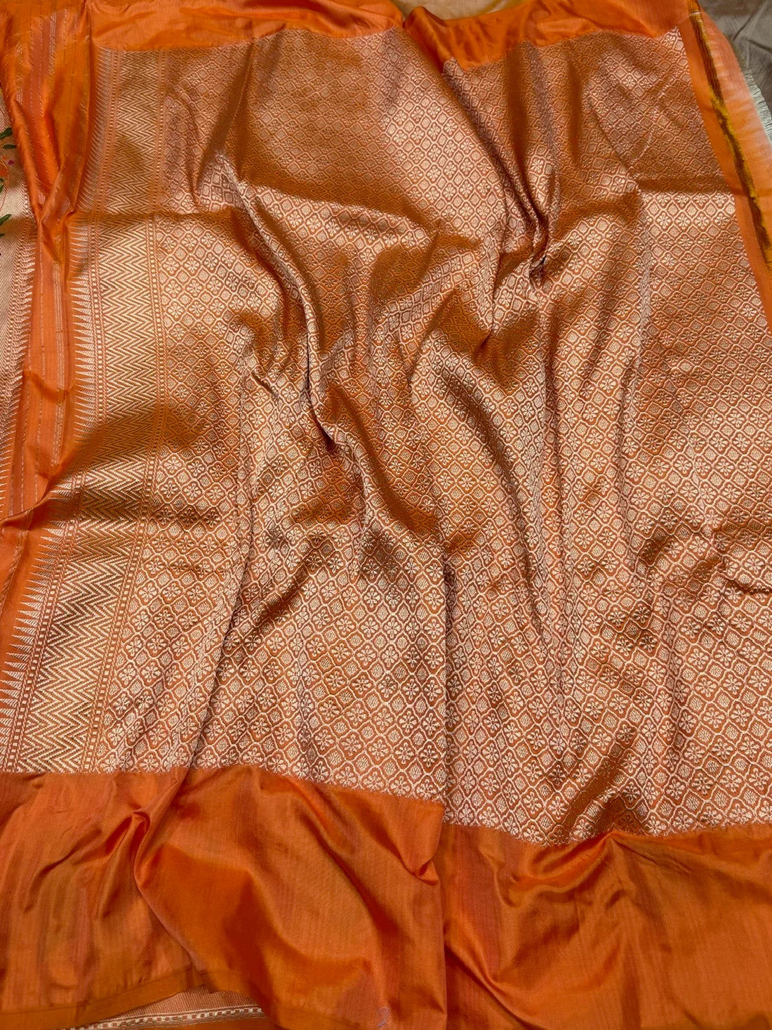 Chiku & Orange Banarasi Ektara Silk Sari — Meenakari Floral Border