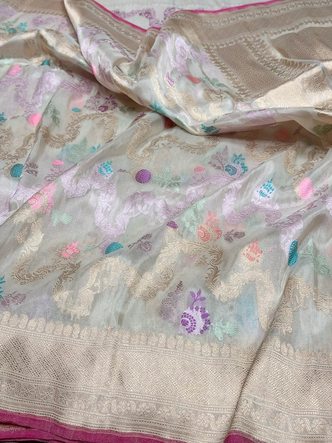 Ivory Pure Katan-Tissue Silk Banarasi Handloom Sari — Meenakari Jaal with Coloured Butis