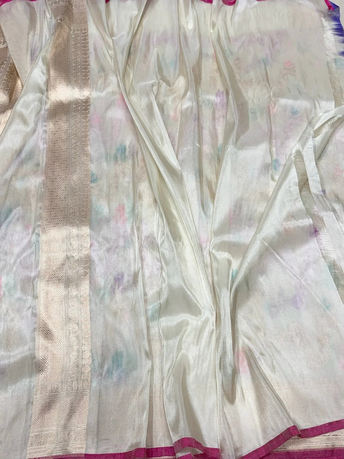 Ivory Pure Katan-Tissue Silk Banarasi Handloom Sari — Meenakari Jaal with Coloured Butis