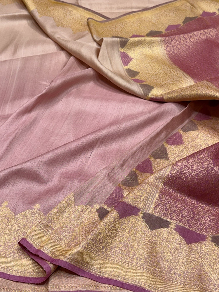 Lilac Banarasi Tussar Silk Sari — Temple Arch Zari Border