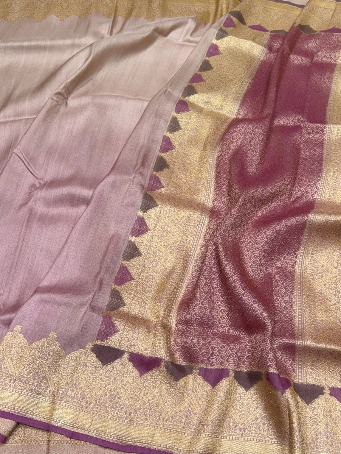 Lilac Banarasi Tussar Silk Sari — Temple Arch Zari Border