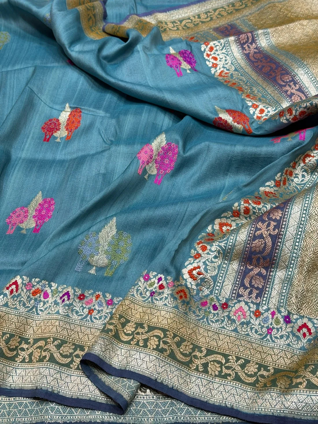 Powder Blue Handwoven Pure Tussar Georgette Sari