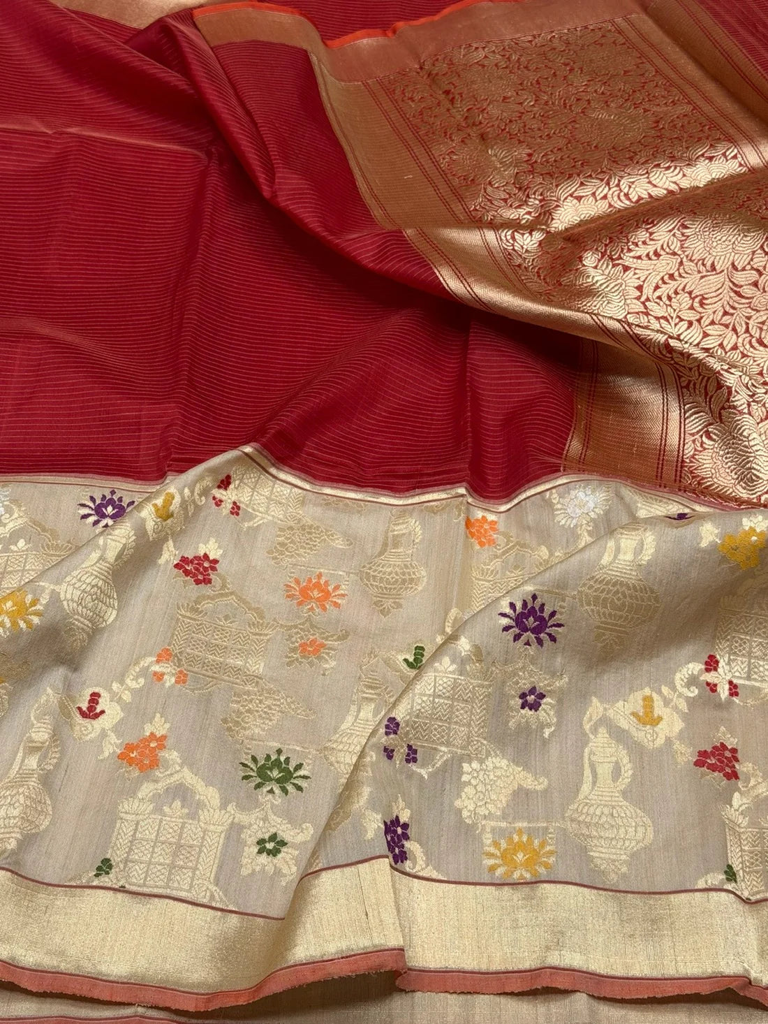 Red Pure Tussar Silk Banarasi Handloom Sari — Meenakari Figurative Border