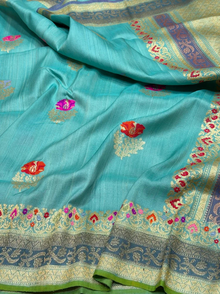 Sky Blue Pure Tussar Silk Banarasi Handloom Sari — Meenakari Kadwa Butis