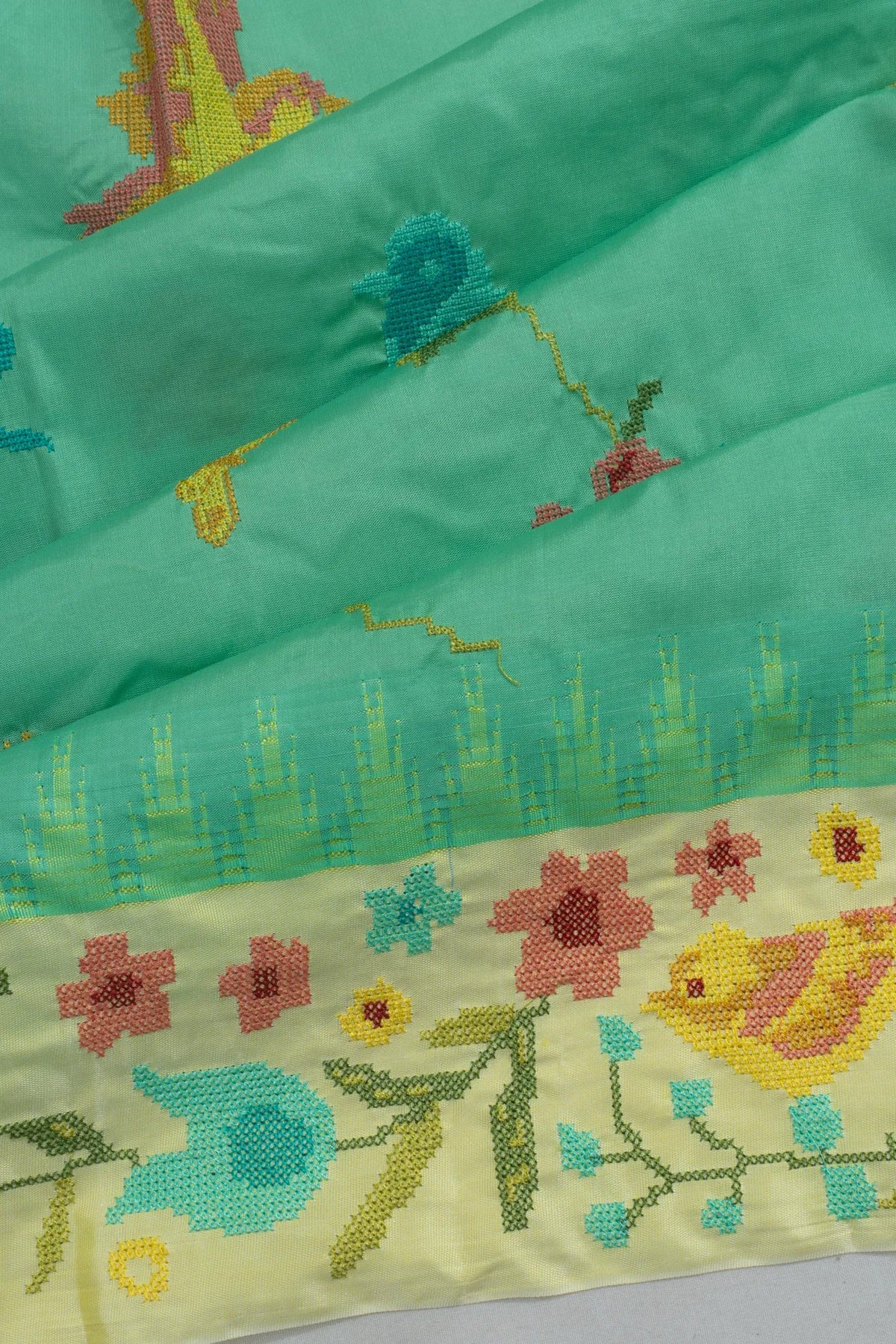 Sea Green Kanchipuram Silk Sari — Bird & Floral Jaal