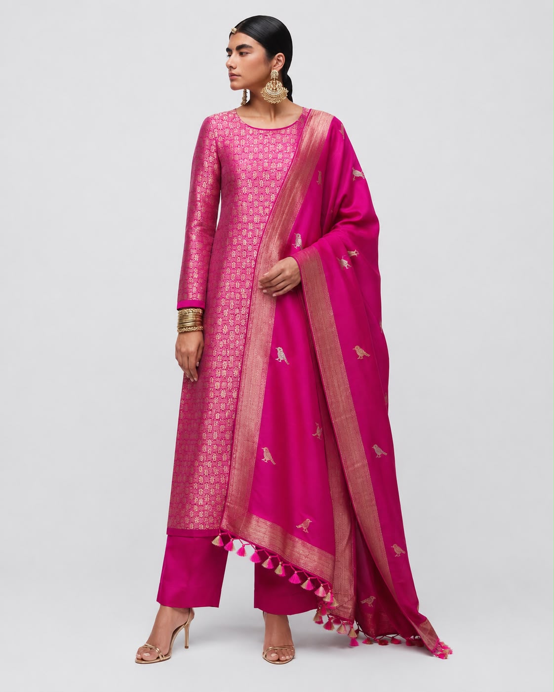 Blush & Rani Banarasi Brocade Silk Suit Set — All-Over Gold Jaal Kurta & Perched Bird Booti Dupatta | 2-Piece