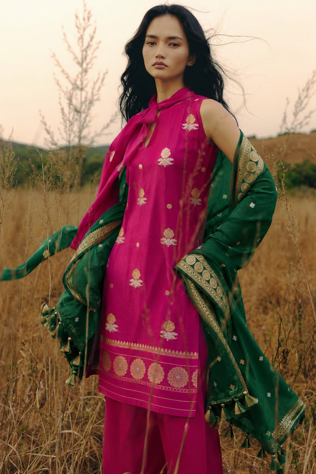 Rani & Forest Green Banarasi Organza Suit Set — Marigold Booti Kurta & Snowflake Booti Medallion Border Dupatta | 2-Piece