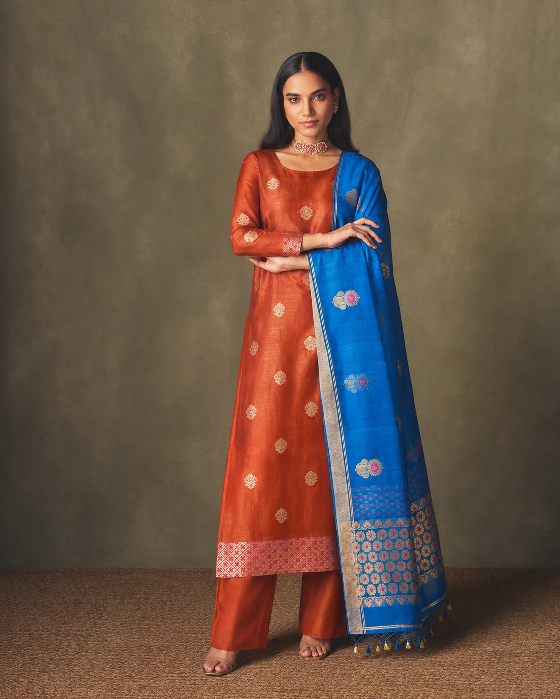 Rust & Cobalt Blue Banarasi Suit Set — Floral Booti Kurta with Meenakari Border & Gul Booti Dupatta | 2-Piece
