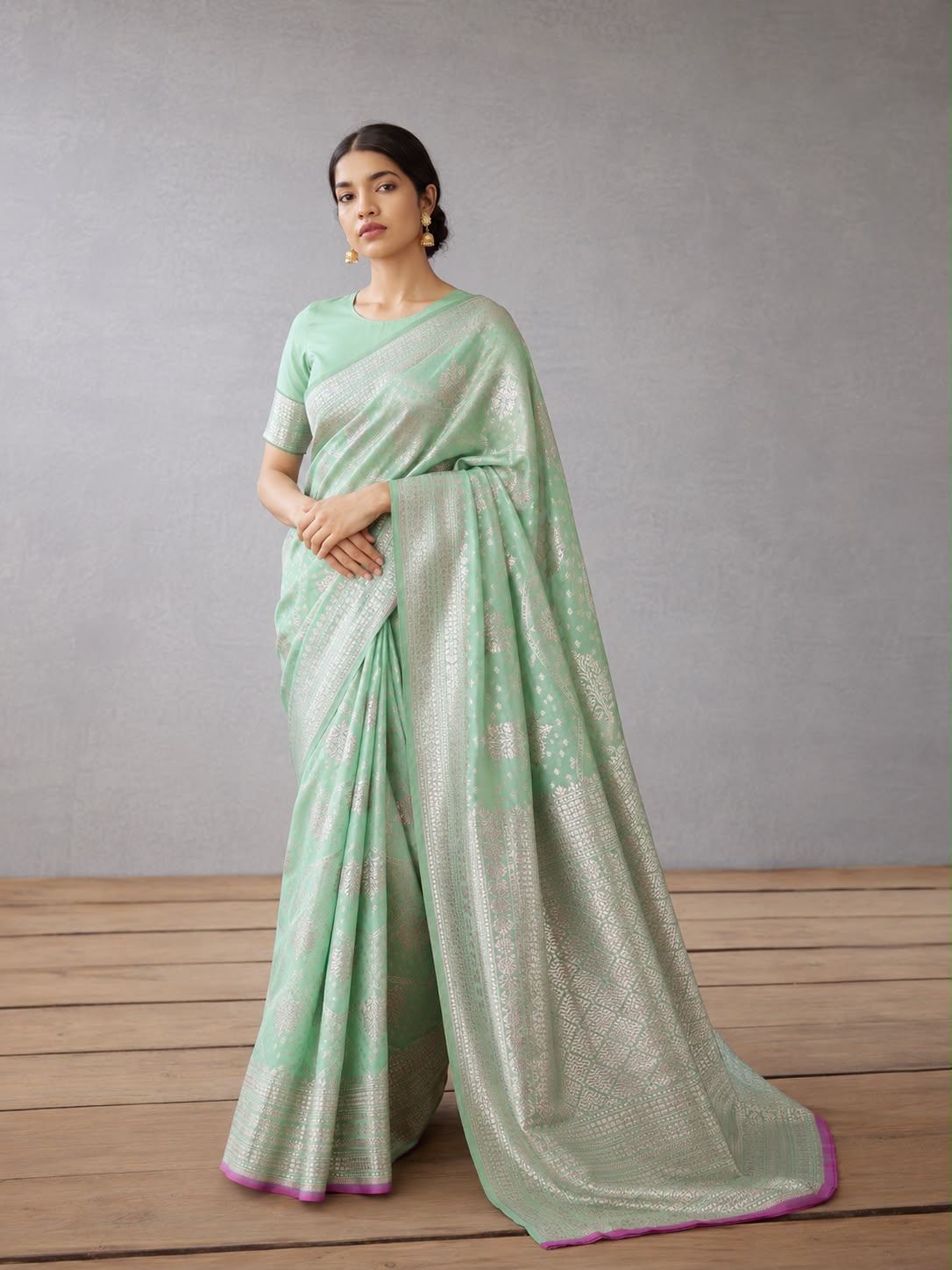 Mint Green Banarasi Katan Silk Sari — All-Over Silver Zari Jaal Body & Violet Petni
