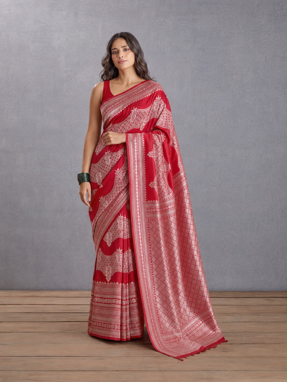 Crimson & Blush Banarasi Katan Silk Sari — Rangkat Two-Colour Body with Cross Medallion Motifs & Silver Diamond Pallu