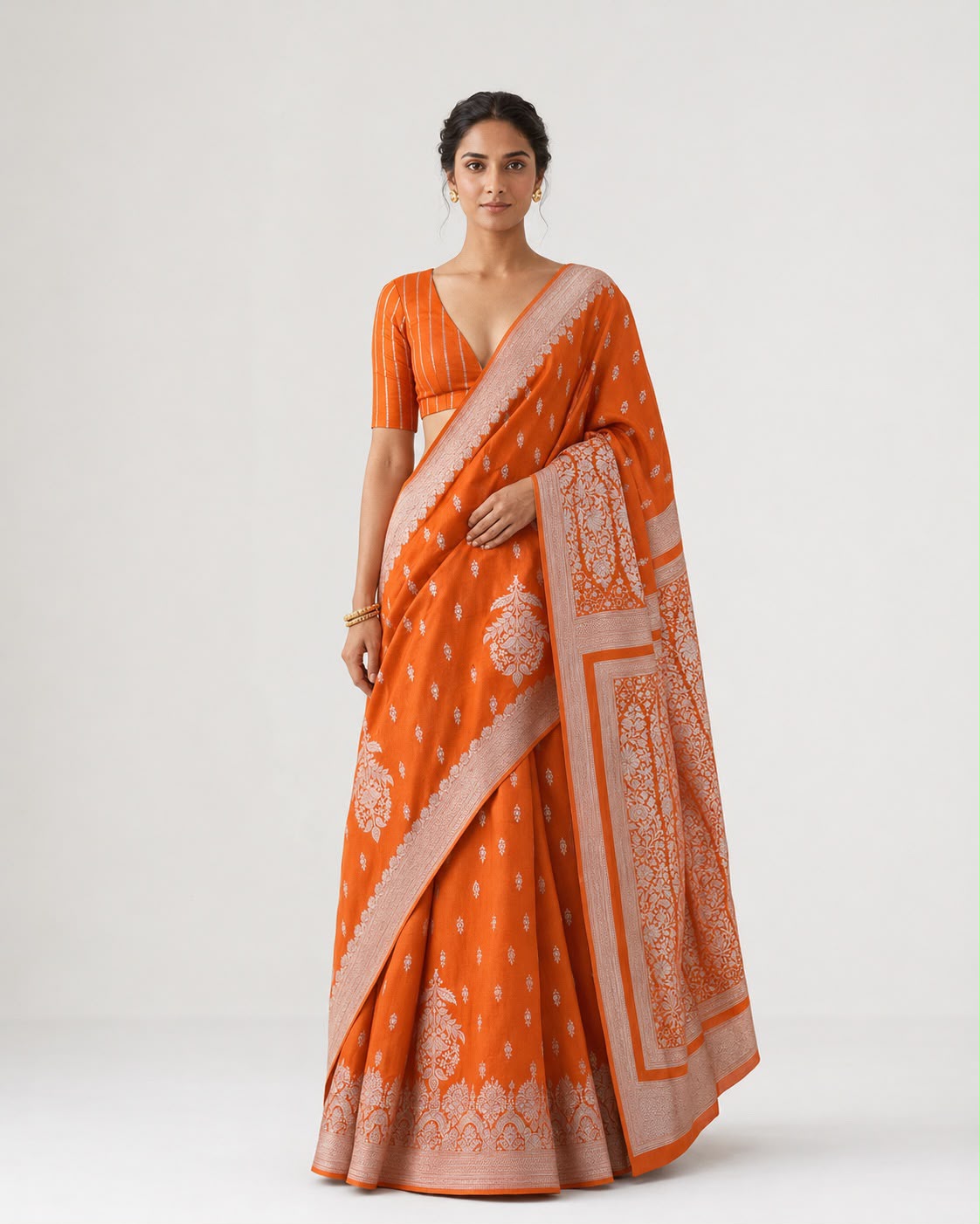 Marigold Orange Banarasi Silk Sari — Two-Scale Silver Booti Body, Full-Floral Border & Cartouche Jaal Pallu