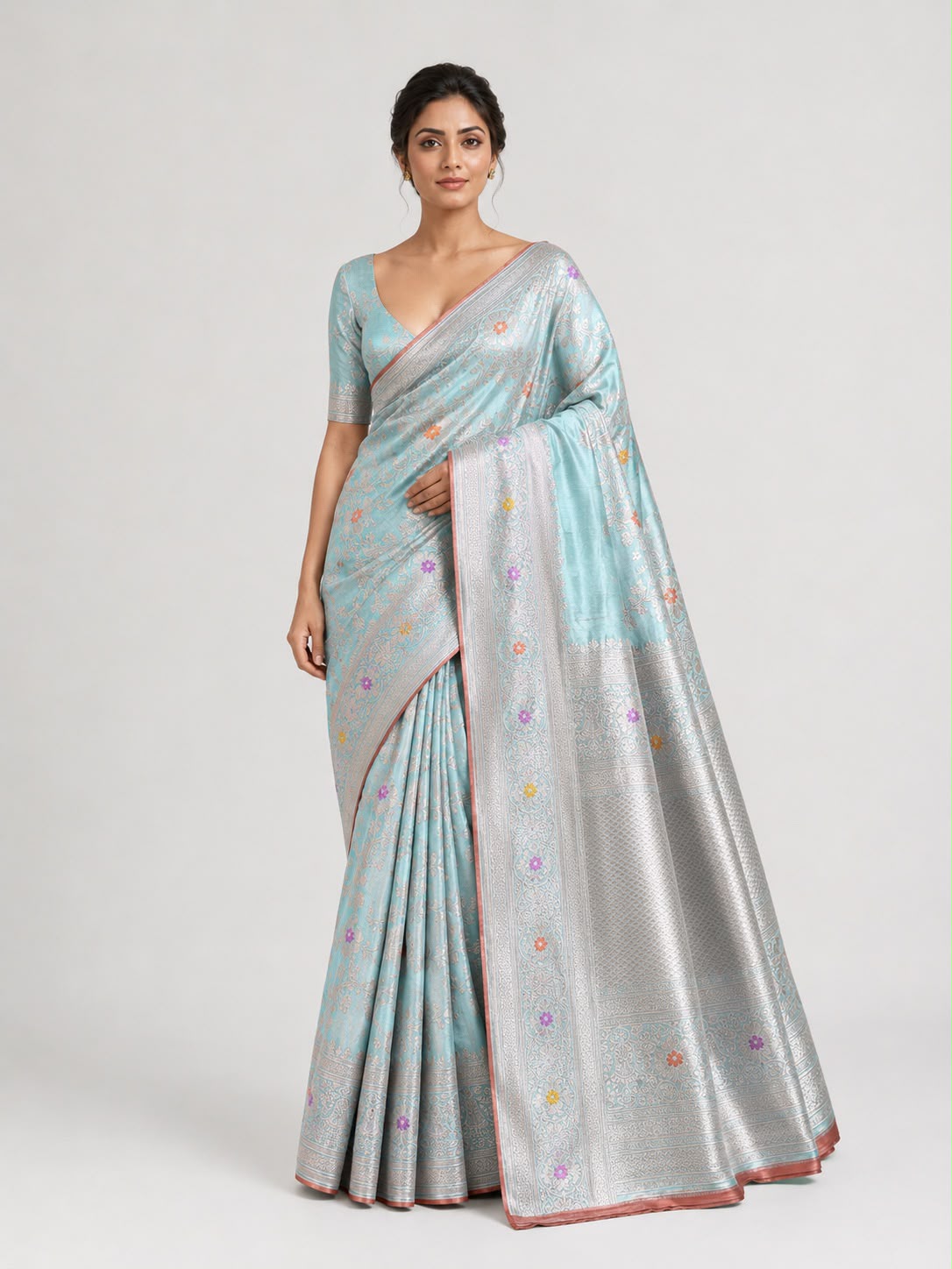 Aqua Katan Silk Banarasi Sari with Meenakari Floral Jaal