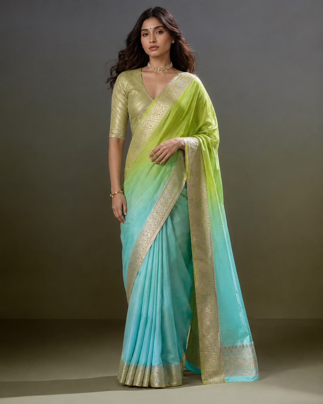 Lime-to-Aqua Ombré Organza Silk Banarasi Sari with Zari Bel Border