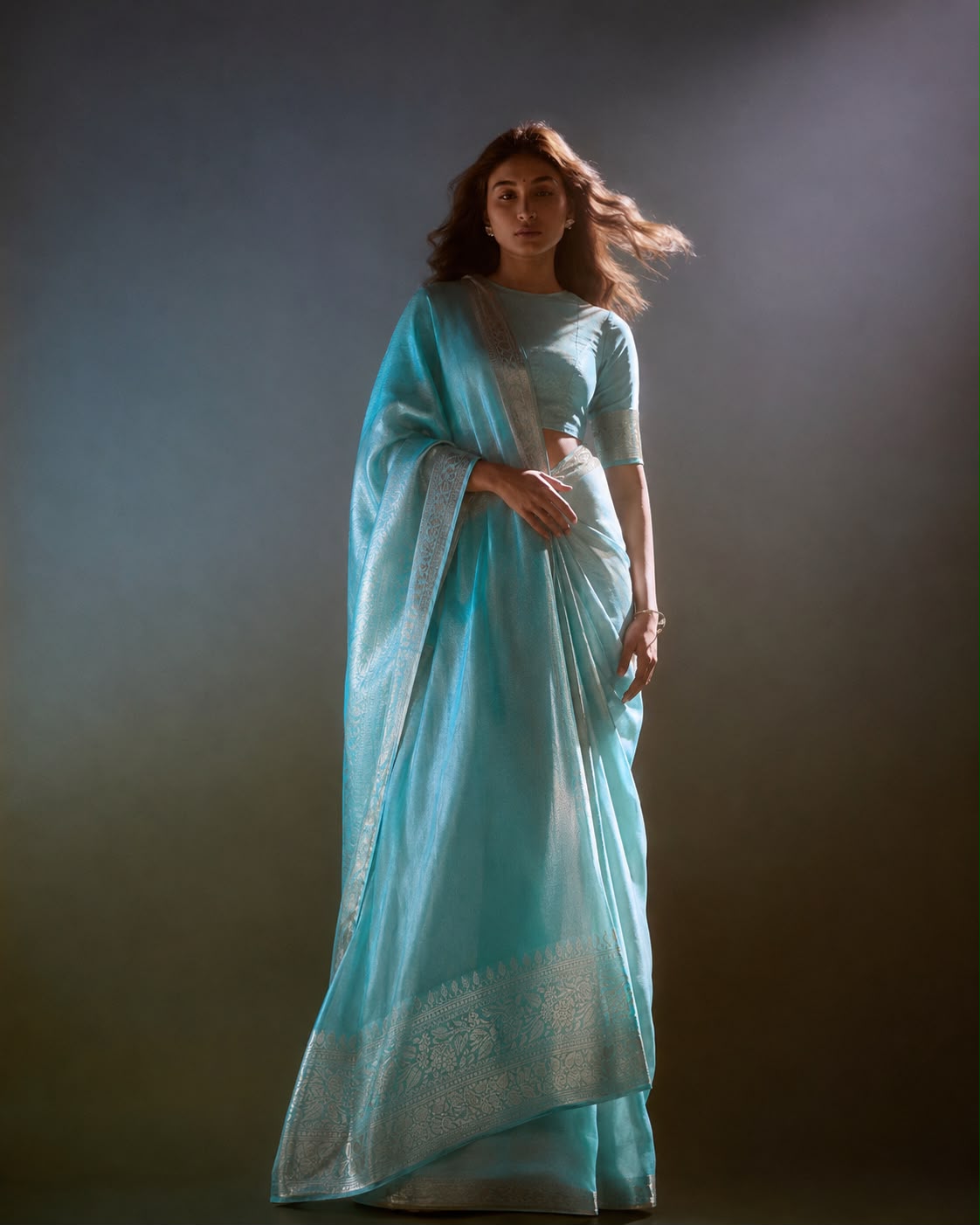 Sea Green Organza Silk Banarasi Sari with Zari Bel Border and Striped Pallu