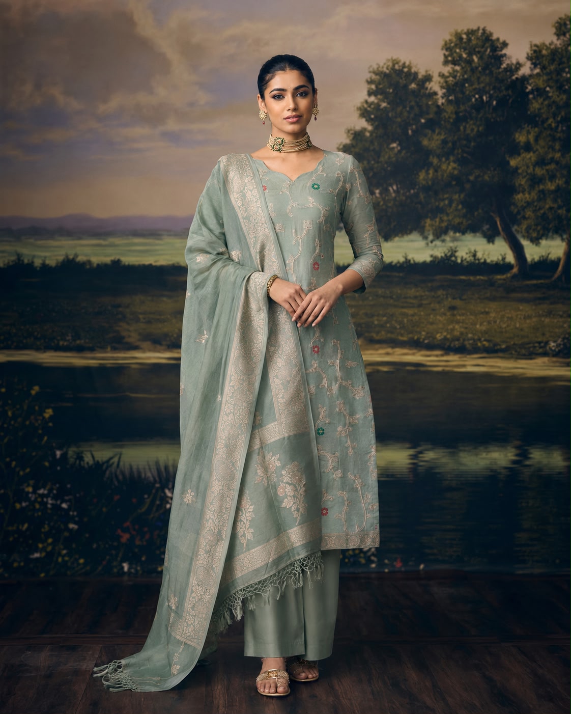 Sage Green Banarasi Cotton Suit Set — Gold Zari Jaal