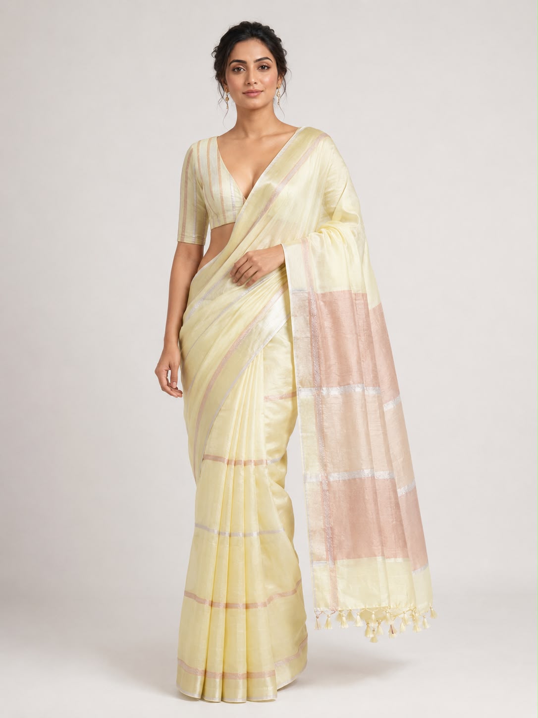 Pale Yellow Organza Sari with Dusty Rose Stripe and Colour-Blocked Pallu