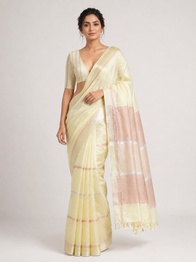 Pale Yellow Organza Sari with Dusty Rose Stripe and Colour-Blocked Pallu