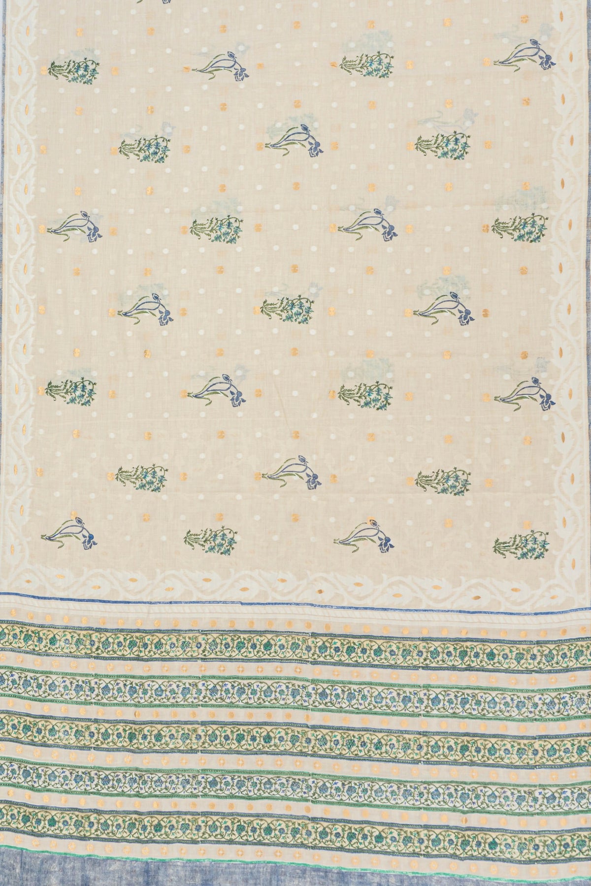 Cream Chanderi Cotton Sari — Block Printed Florals & Gold Zari