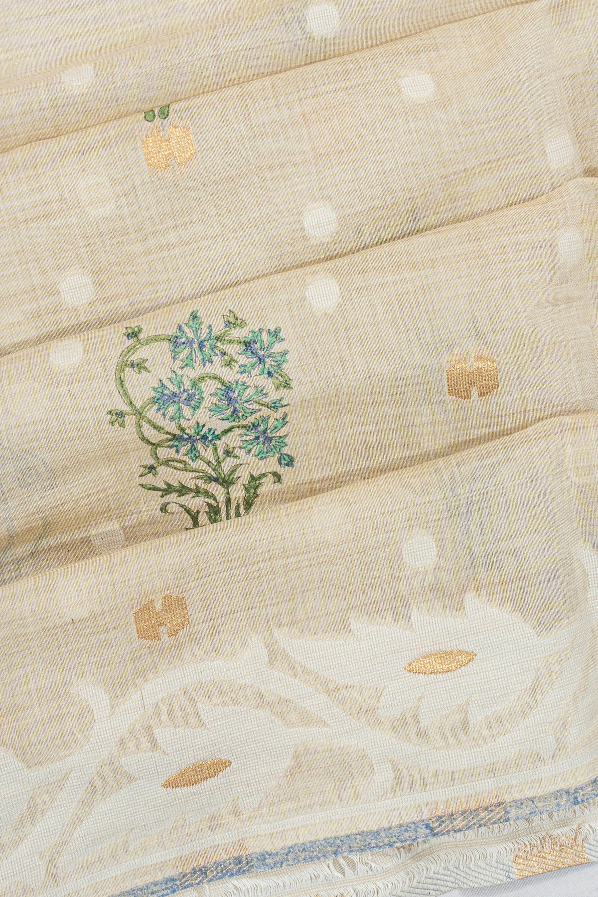 Cream Chanderi Cotton Sari — Block Printed Florals & Gold Zari