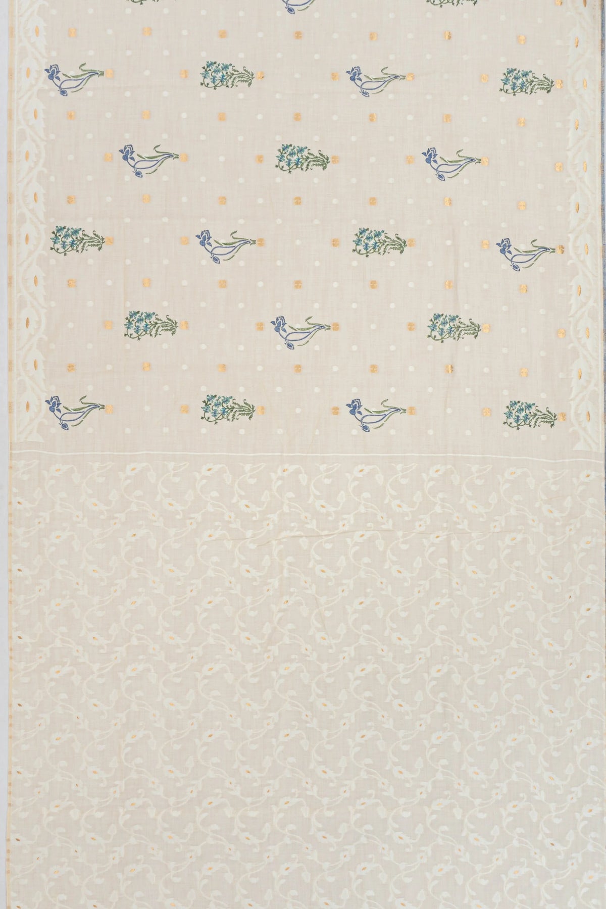 Cream Chanderi Cotton Sari — Block Printed Florals & Gold Zari