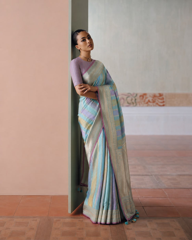 Pastel Stripe Banarasi Katan Silk Sari — Multicolour Warp Stripe Body & Dense Gold Zari Pallu