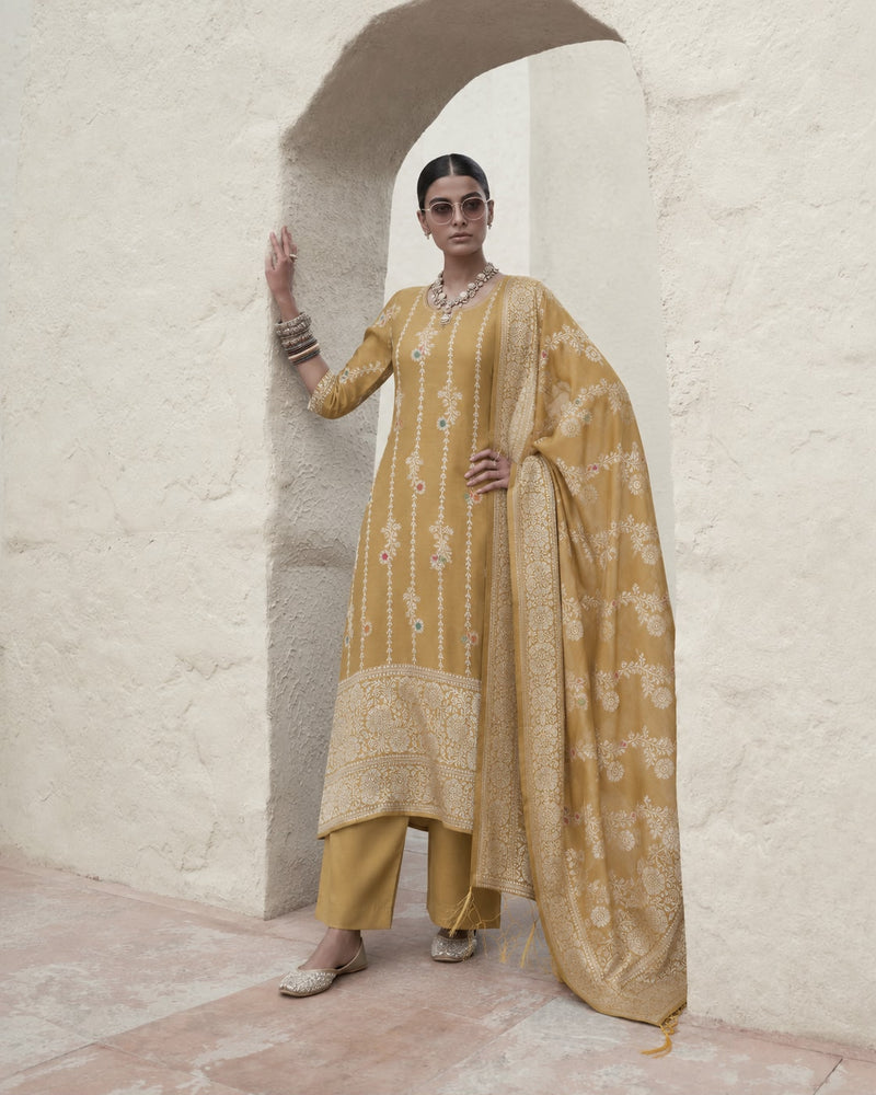 Mustard Banarasi Cotton Suit Set — Silver Zari Jaal