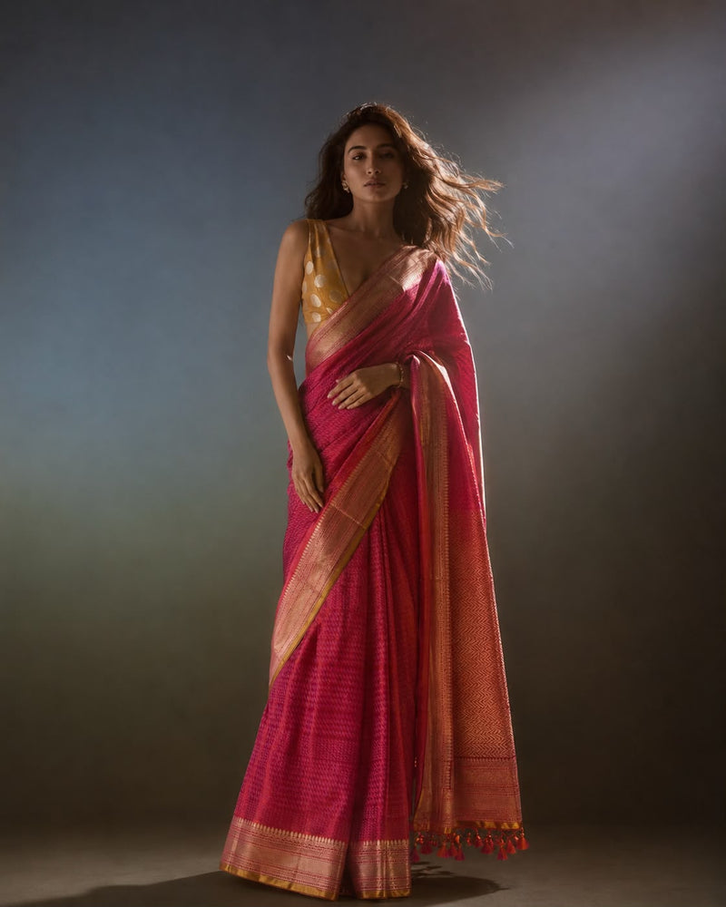 Fuchsia-Red Shot Silk Sari with Chevron Gold-Toned Zari Border