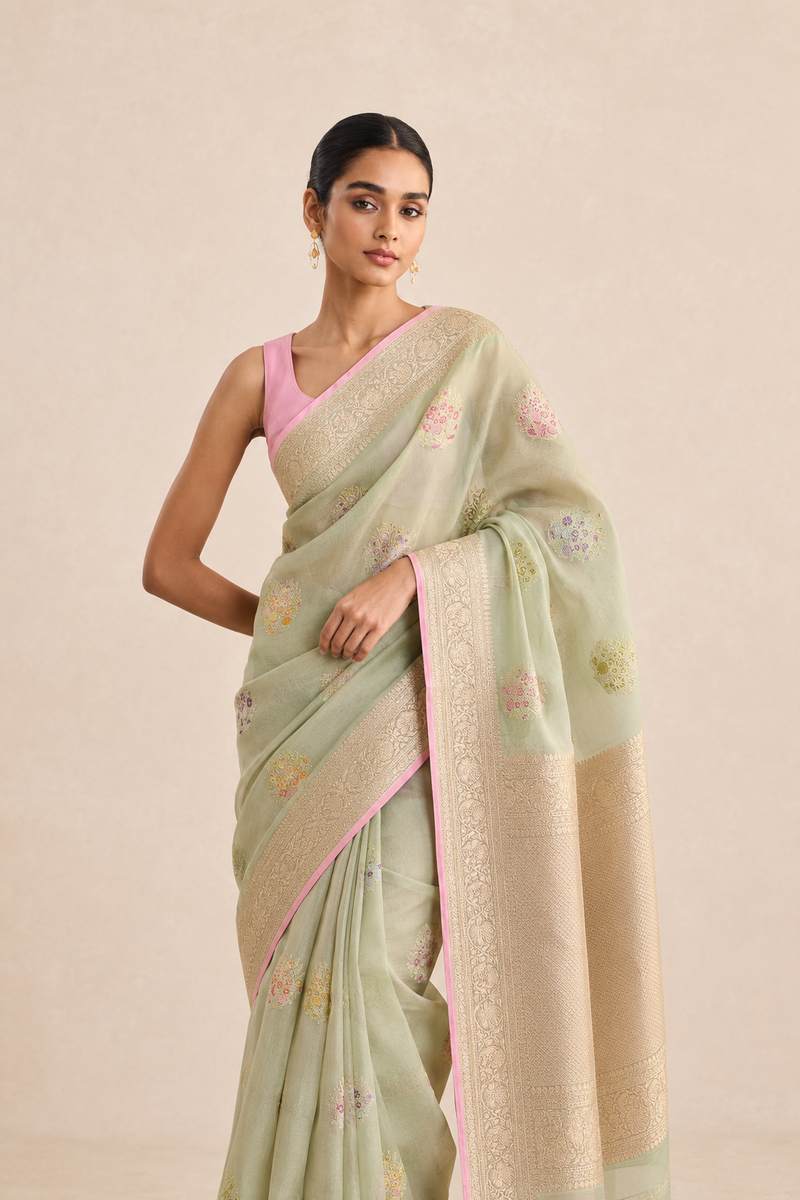 Pista Pure Kora Silk Banarasi Handloom Sari — Meenakari Floral Butis