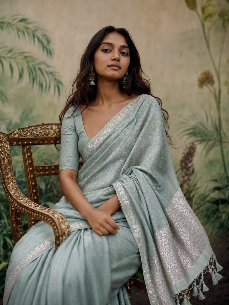 Sage Green Katan Silk Sari with Self-Weave Waves and Silver-Toned Zari Border