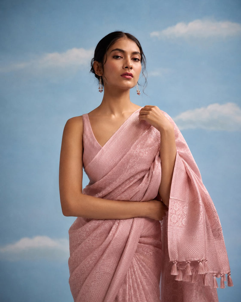 Dusty Rose Banarasi Katan Silk Sari with Silver-Toned Zari Jaal