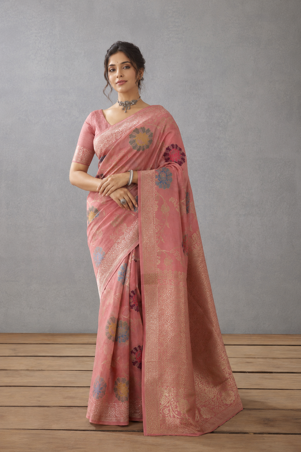 Pink Tussar Georgette Banarasi Sari with Meenakari Floral Weave