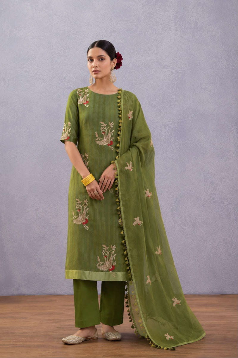 Olive Banarasi Mulberry Silk Suit Set — Crane & Branch Meenakari Kurta & Bird Booti Dupatta | 2-Piece