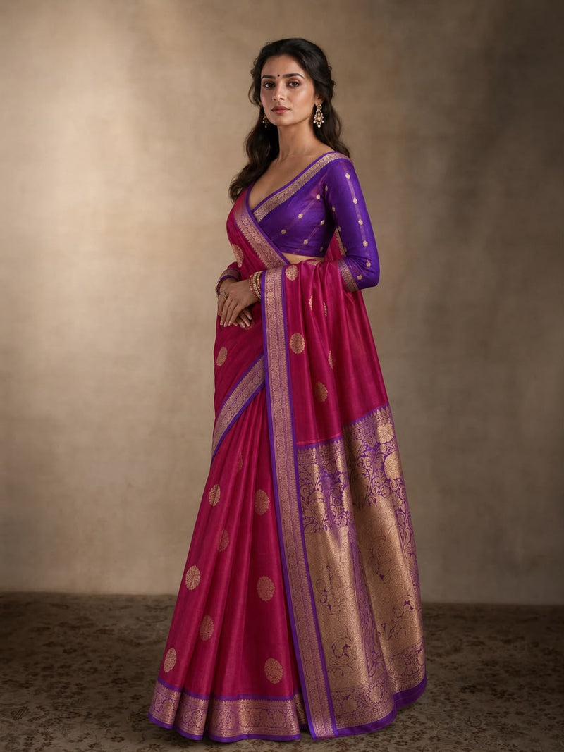 Rani & Violet Banarasi Double Kora Katan Sari — Medallion Booti Body & Full-Jaal Contrast Pallu