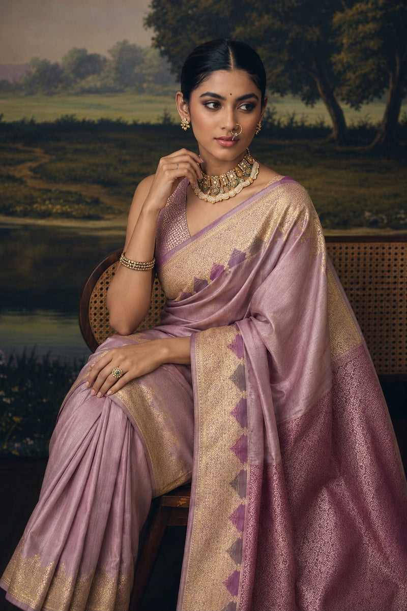 Lilac Banarasi Tussar Silk Sari — Temple Arch Zari Border