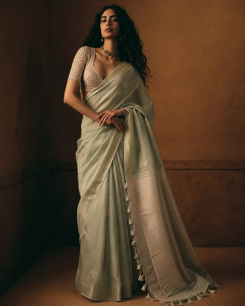 Sage Green Tissue Silk Sari with Scattered Floral Buttis and Contrast Woven Pallu