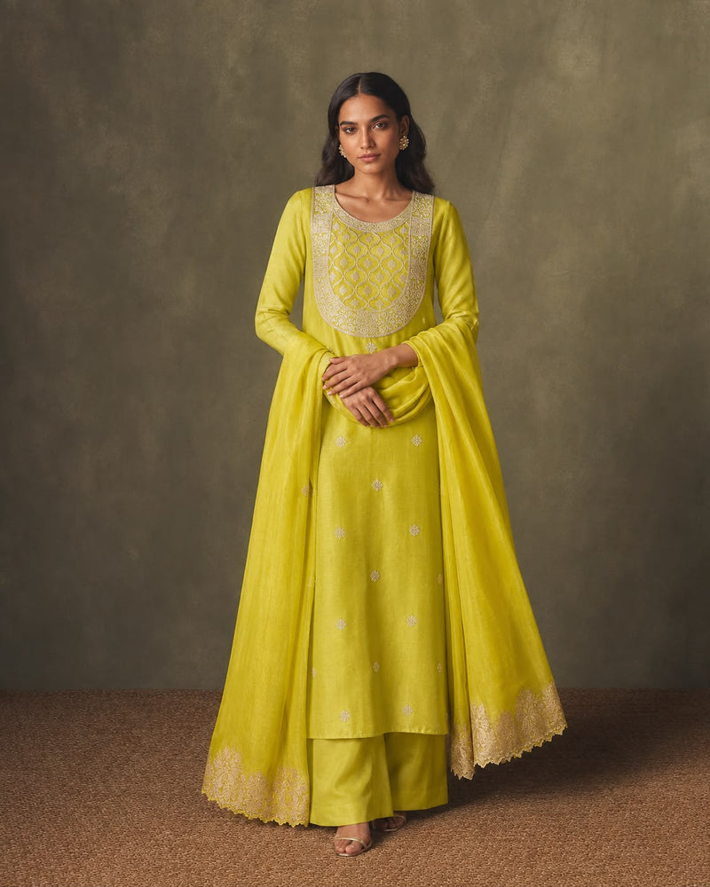 Lime Green Kurta Fabric with Gold-Toned Woven Yoke and Floral-Border Dupatta