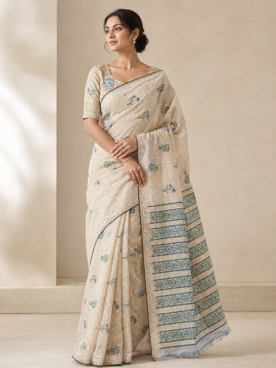 Cream Chanderi Cotton Sari — Block Printed Florals & Gold Zari