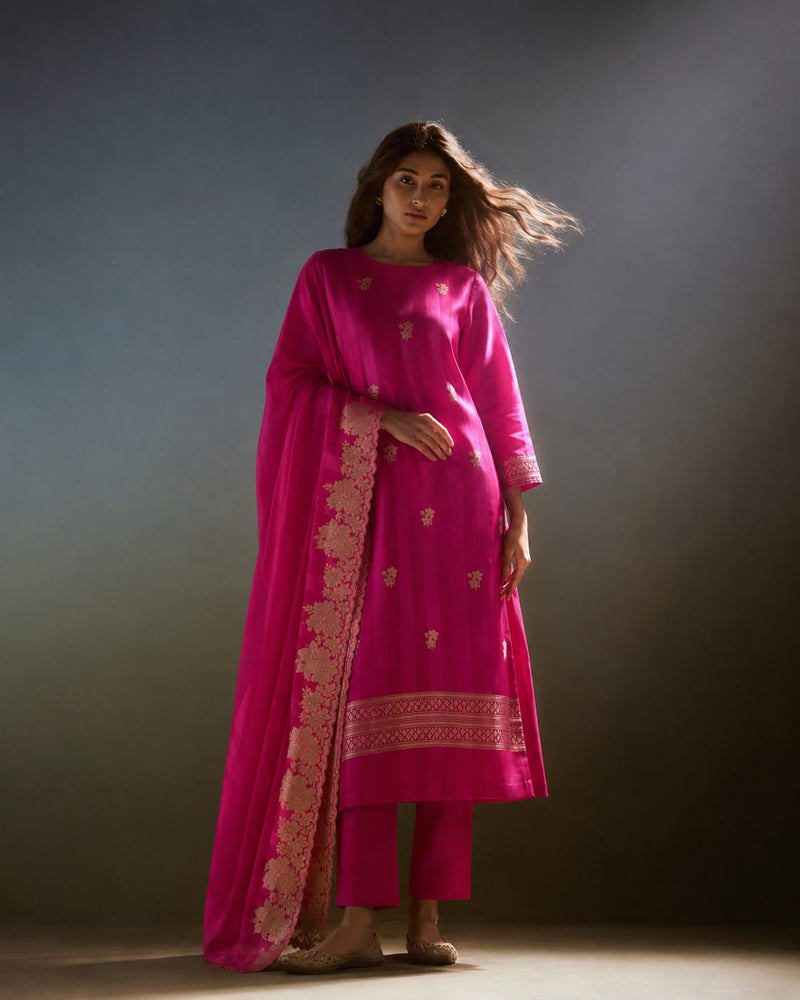 Magenta Silk Kurta Fabric with Gold-Toned Buttis and Floral-Border Dupatta
