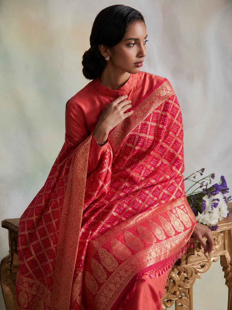 Coral Katan Silk Kurta Fabric with Crimson Zari Banarasi Dupatta
