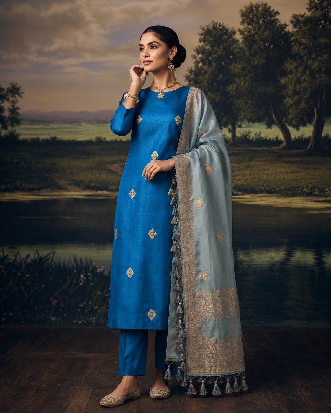 Teal & Sky Blue Banarasi Katan Silk Suit Set — Rosette Booti Kurta & Floral Pallu Dupatta | 2-Piece